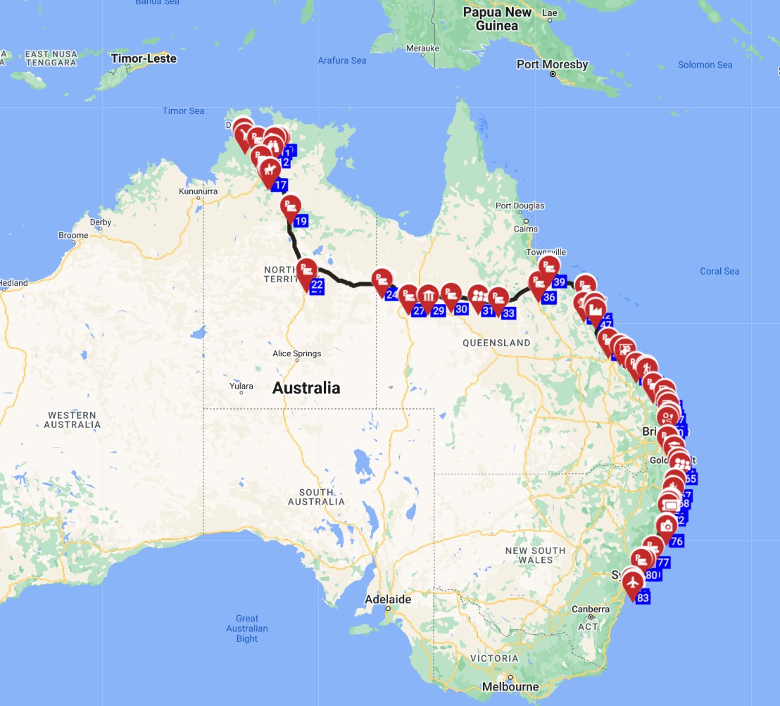 Map for Darwin to Sydney - The Campervan Coast-to-Coast Journey